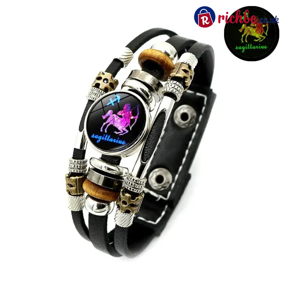 Glow-in-the-Dark 12 Leather Zodiac Bracelet for Men and Women(6.9/8.1in)