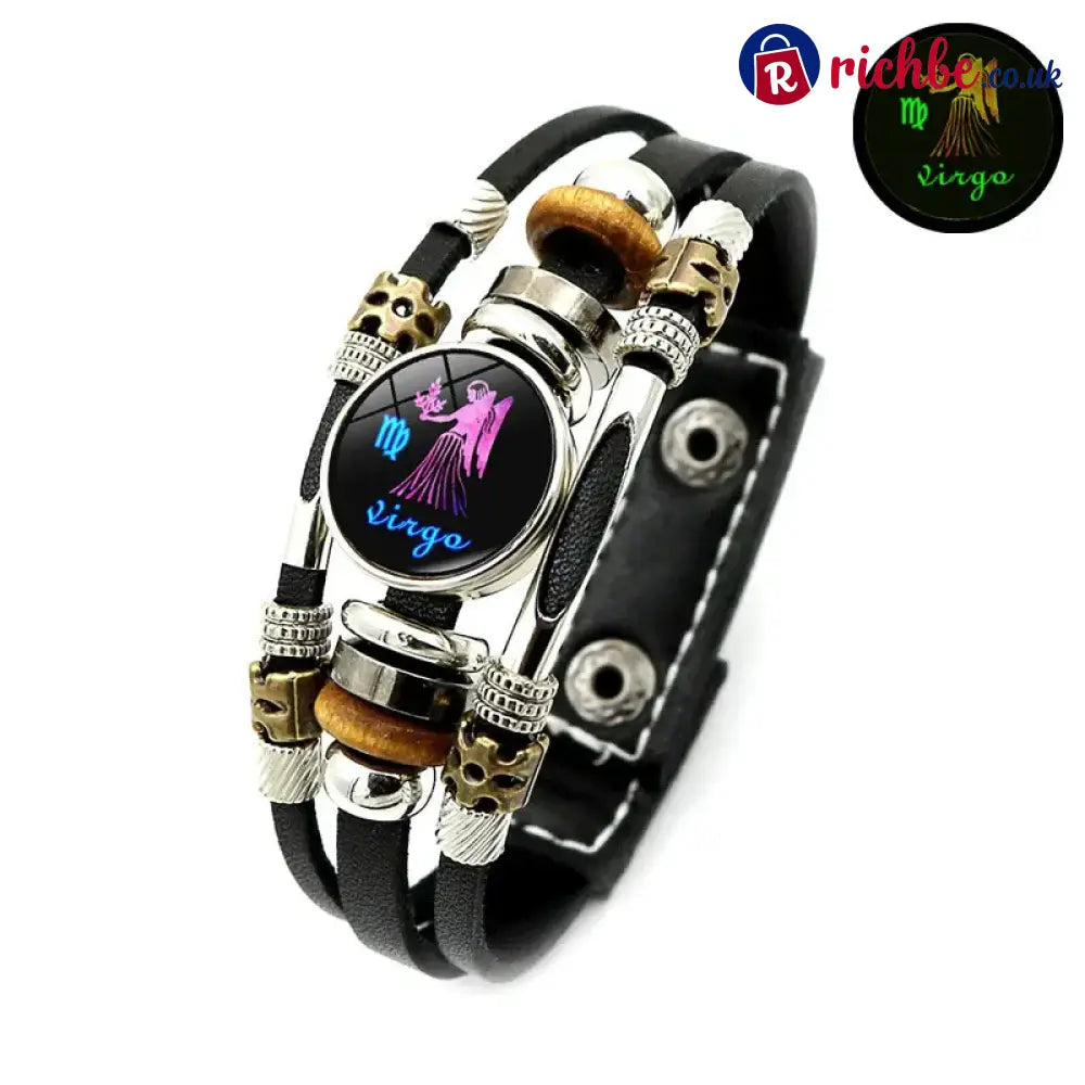 Glow-in-the-Dark 12 Leather Zodiac Bracelet for Men and Women(6.9/8.1in)