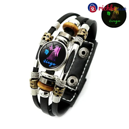 Glow-in-the-Dark 12 Leather Zodiac Bracelet for Men and Women(6.9/8.1in)