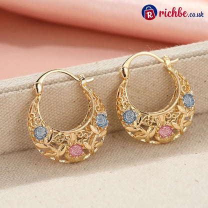 🌼Gold-Plated Crescent Hoop Earrings with Enamel Flowers🌸 - 🛍️ 1 SET – Try it / Gold - Clothing & Accessories