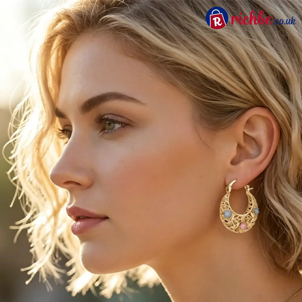 🌼Gold-Plated Crescent Hoop Earrings with Enamel Flowers🌸 - Clothing & Accessories