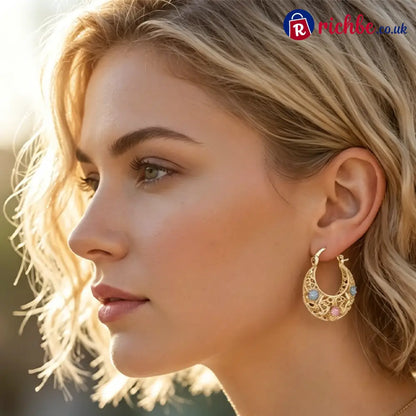 🌼Gold-Plated Crescent Hoop Earrings with Enamel Flowers🌸 - Clothing & Accessories