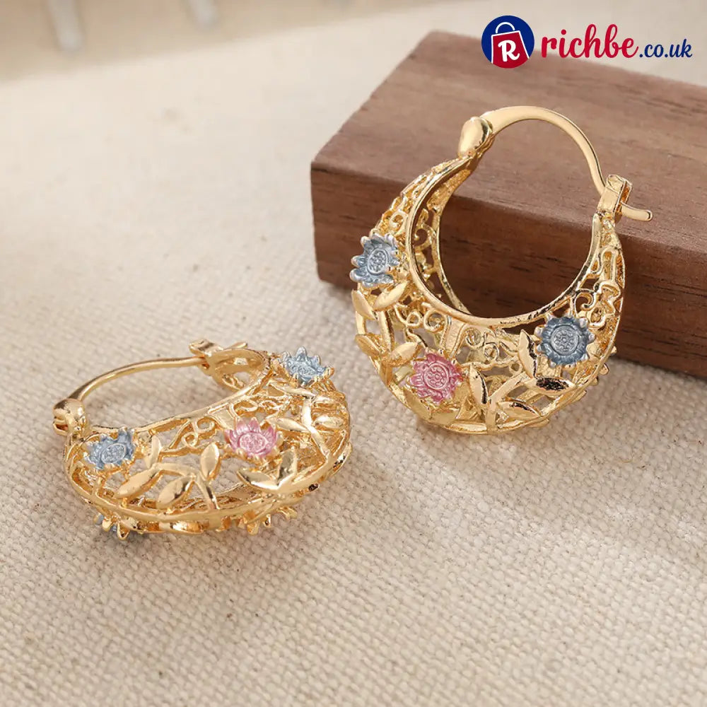 🌼Gold-Plated Crescent Hoop Earrings with Enamel Flowers🌸 - Clothing & Accessories