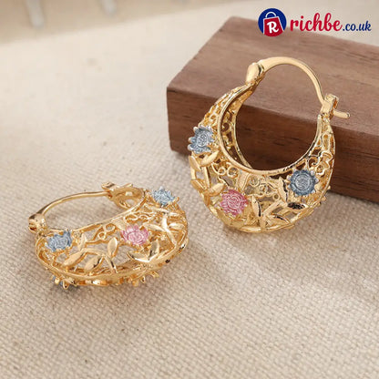 🌼Gold-Plated Crescent Hoop Earrings with Enamel Flowers🌸 - Clothing & Accessories