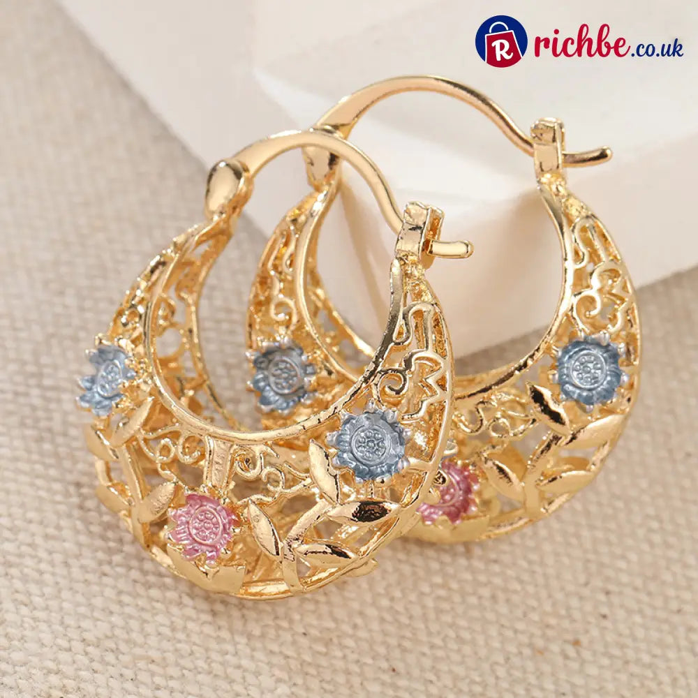 🌼Gold-Plated Crescent Hoop Earrings with Enamel Flowers🌸 - Clothing & Accessories