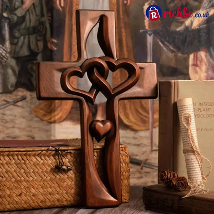 Hand-Carved Intertwined Hearts Wooden Cross