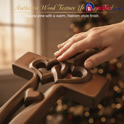 Hand-Carved Intertwined Hearts Wooden Cross