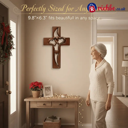 Hand-Carved Intertwined Hearts Wooden Cross