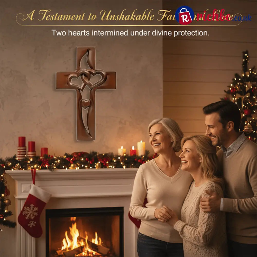 Hand-Carved Intertwined Hearts Wooden Cross