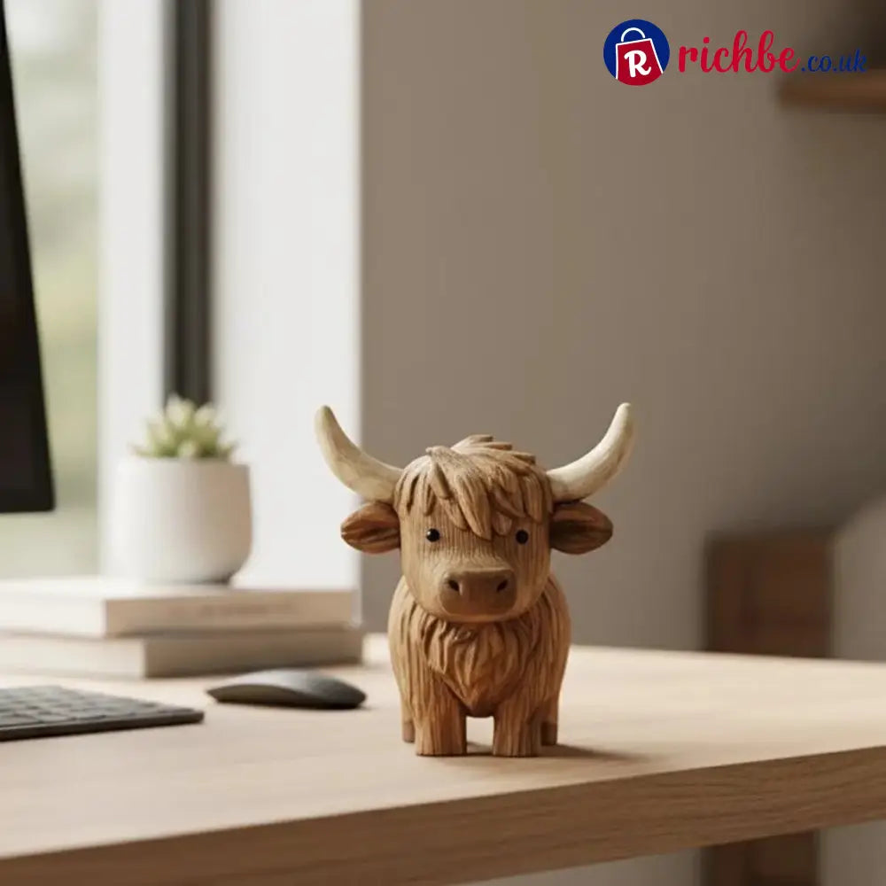 Hand Carving Wooden Highland Cow Figurine