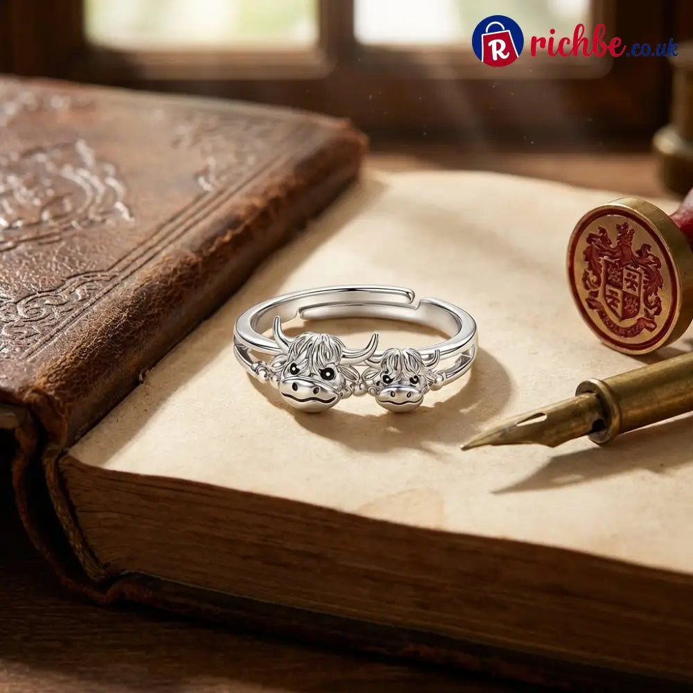 ✨ Handcrafted Highland Cow Adjustable Ring - Silver / Adjustable - one size fit all