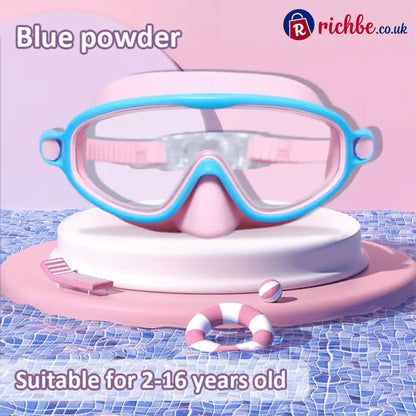 🌓HD children’s large frame waterproof and anti-fog swimming goggles - Blue-Pink