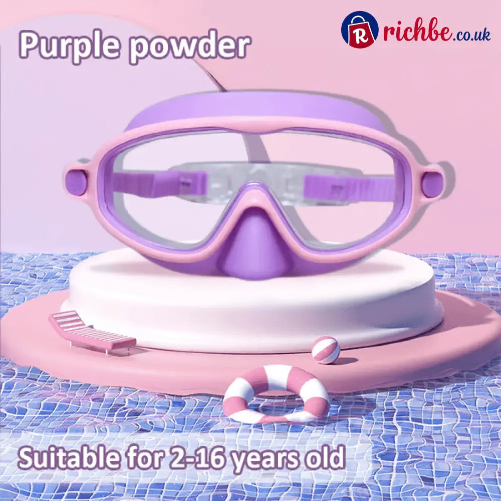 🌓HD children’s large frame waterproof and anti-fog swimming goggles - Pink-Purple