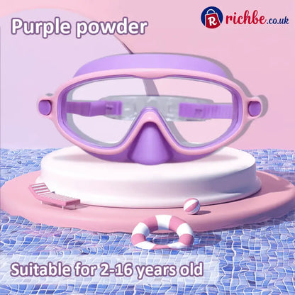 🌓HD children’s large frame waterproof and anti-fog swimming goggles - Pink-Purple