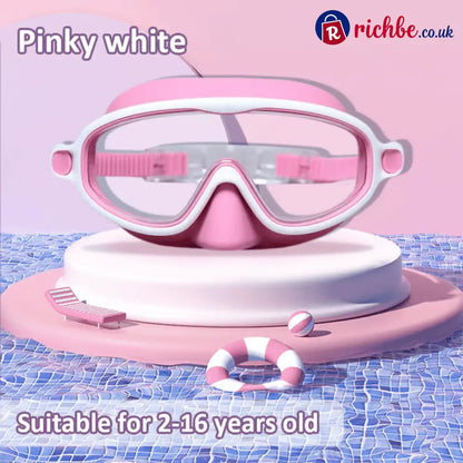 🌓HD children’s large frame waterproof and anti-fog swimming goggles - White-Pink