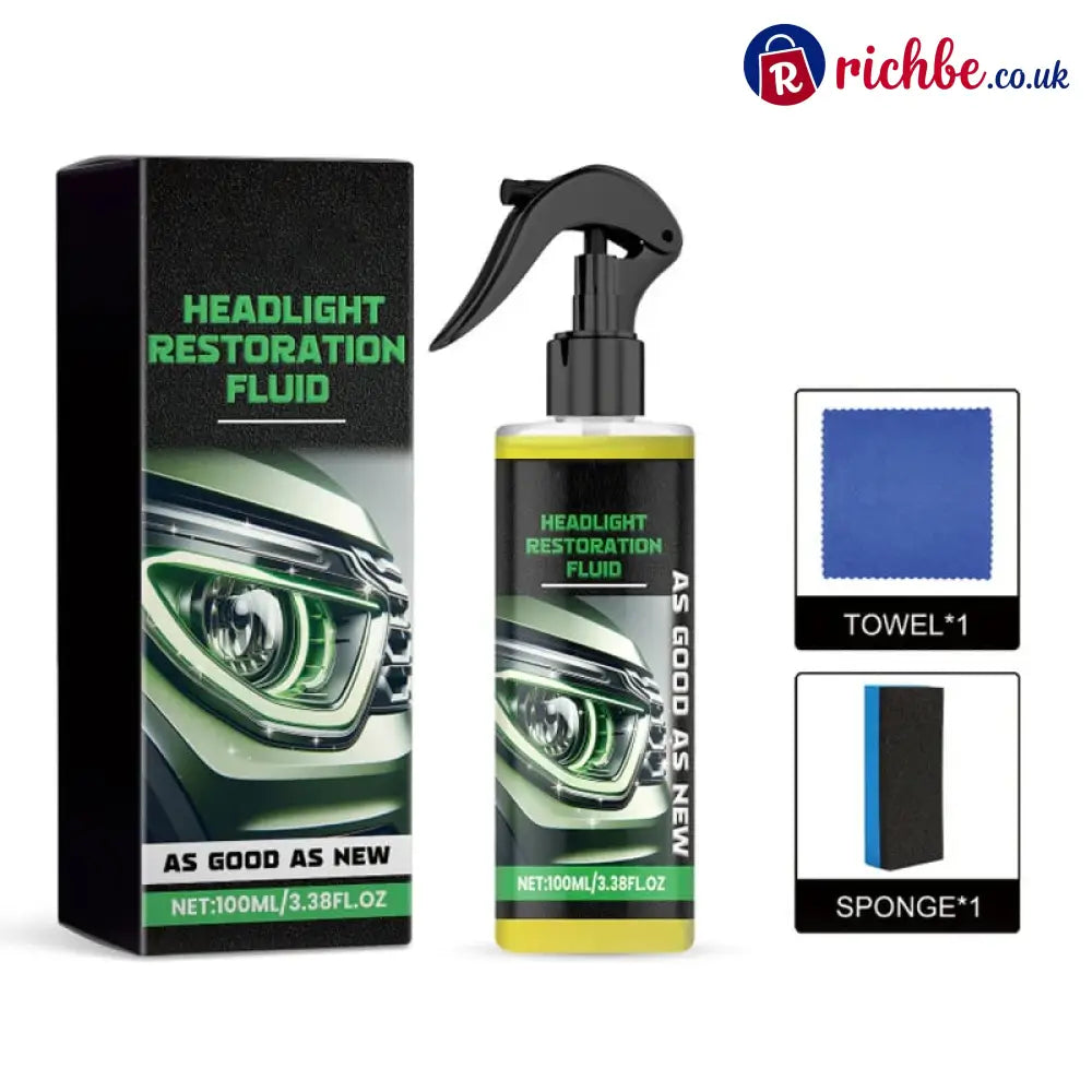 🚗 Headlight Crystal Restorer - 100 ml Cleaning Solution + Free Towel & Sponge