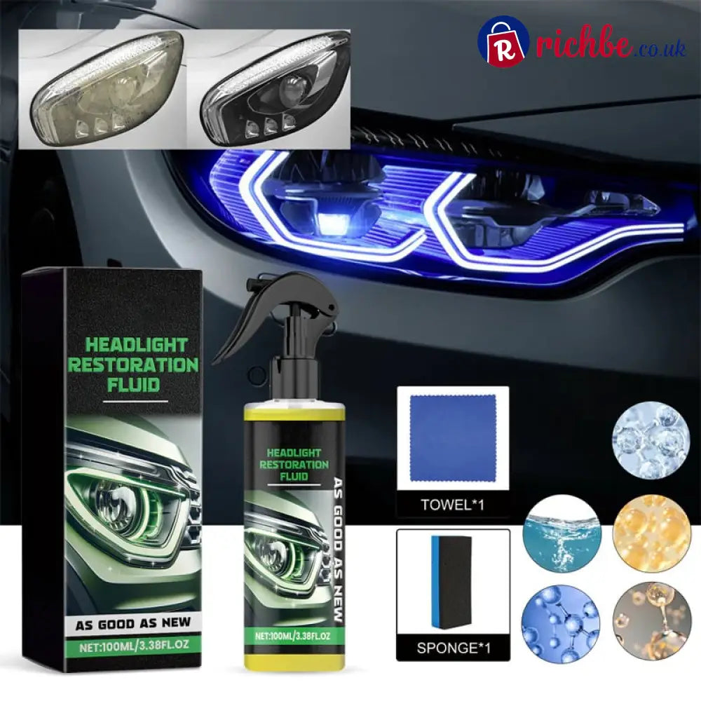 🚗 Headlight Crystal Restorer - 100 ml Cleaning Solution + Free Towel & Sponge