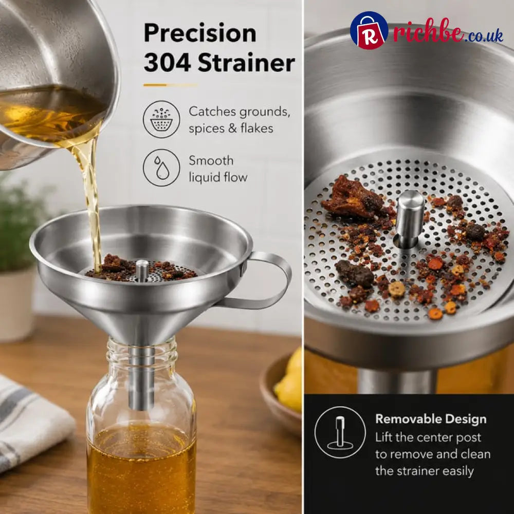 🍳Heavy-Duty Stainless Steel Kitchen Funnel (Strainer Included)