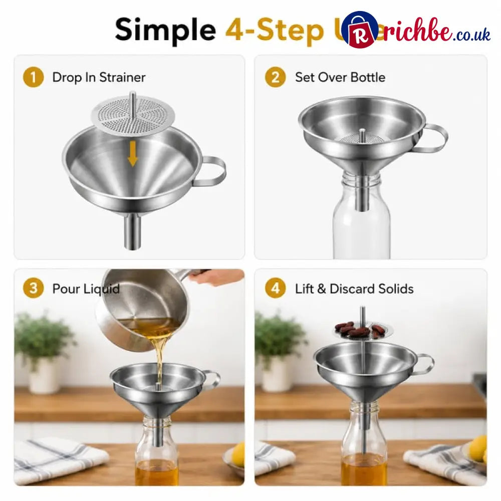 🍳Heavy-Duty Stainless Steel Kitchen Funnel (Strainer Included)