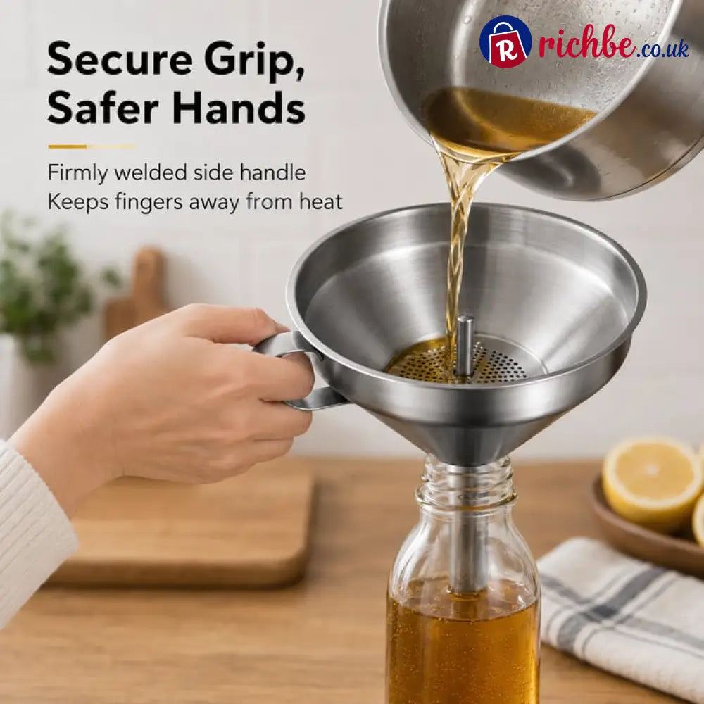 🍳Heavy-Duty Stainless Steel Kitchen Funnel (Strainer Included)