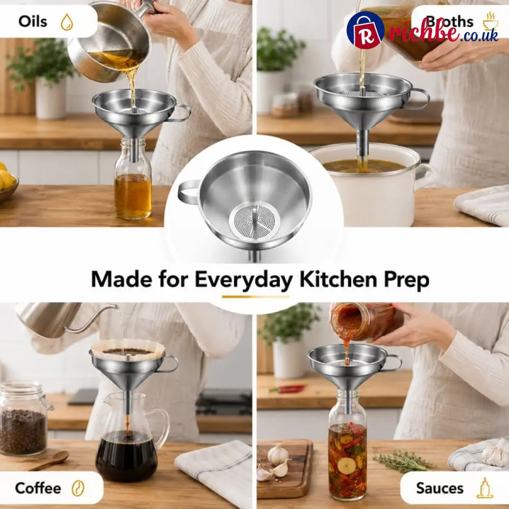 🍳Heavy-Duty Stainless Steel Kitchen Funnel (Strainer Included)