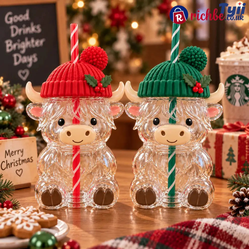 ❤️Highland Cow Christmas Glass Cup with Straw – Cute Holiday Tumbler Gift - 1 Red + 1 Green