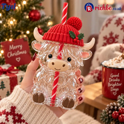 ❤️Highland Cow Christmas Glass Cup with Straw – Cute Holiday Tumbler Gift