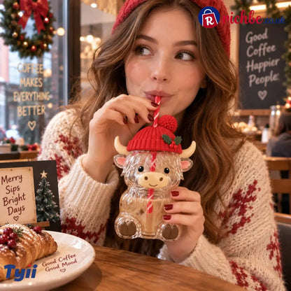 ❤️Highland Cow Christmas Glass Cup with Straw – Cute Holiday Tumbler Gift