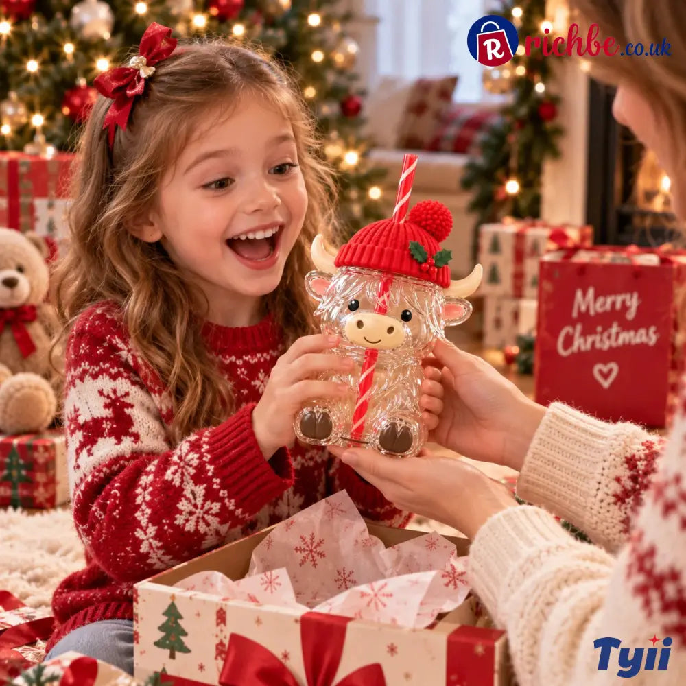 ❤️Highland Cow Christmas Glass Cup with Straw – Cute Holiday Tumbler Gift