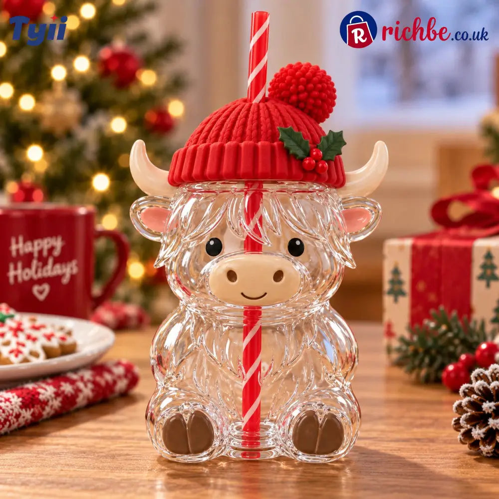 ❤️Highland Cow Christmas Glass Cup with Straw – Cute Holiday Tumbler Gift - Red