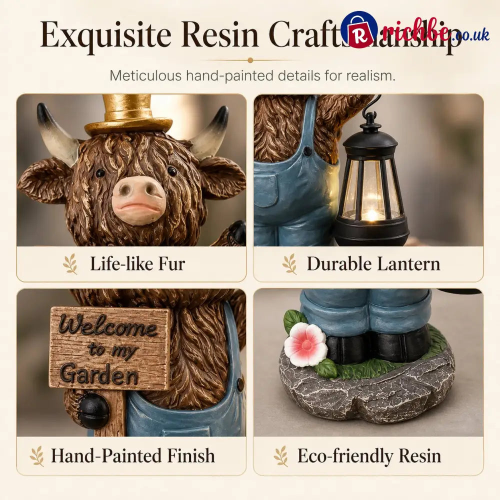 Highland Cow Garden Statue with Solar Lantern and Welcome Sign - Products