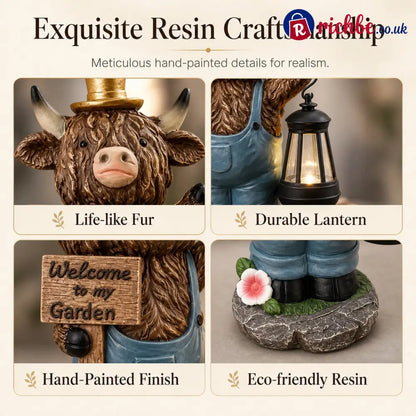 Highland Cow Garden Statue with Solar Lantern and Welcome Sign - Products