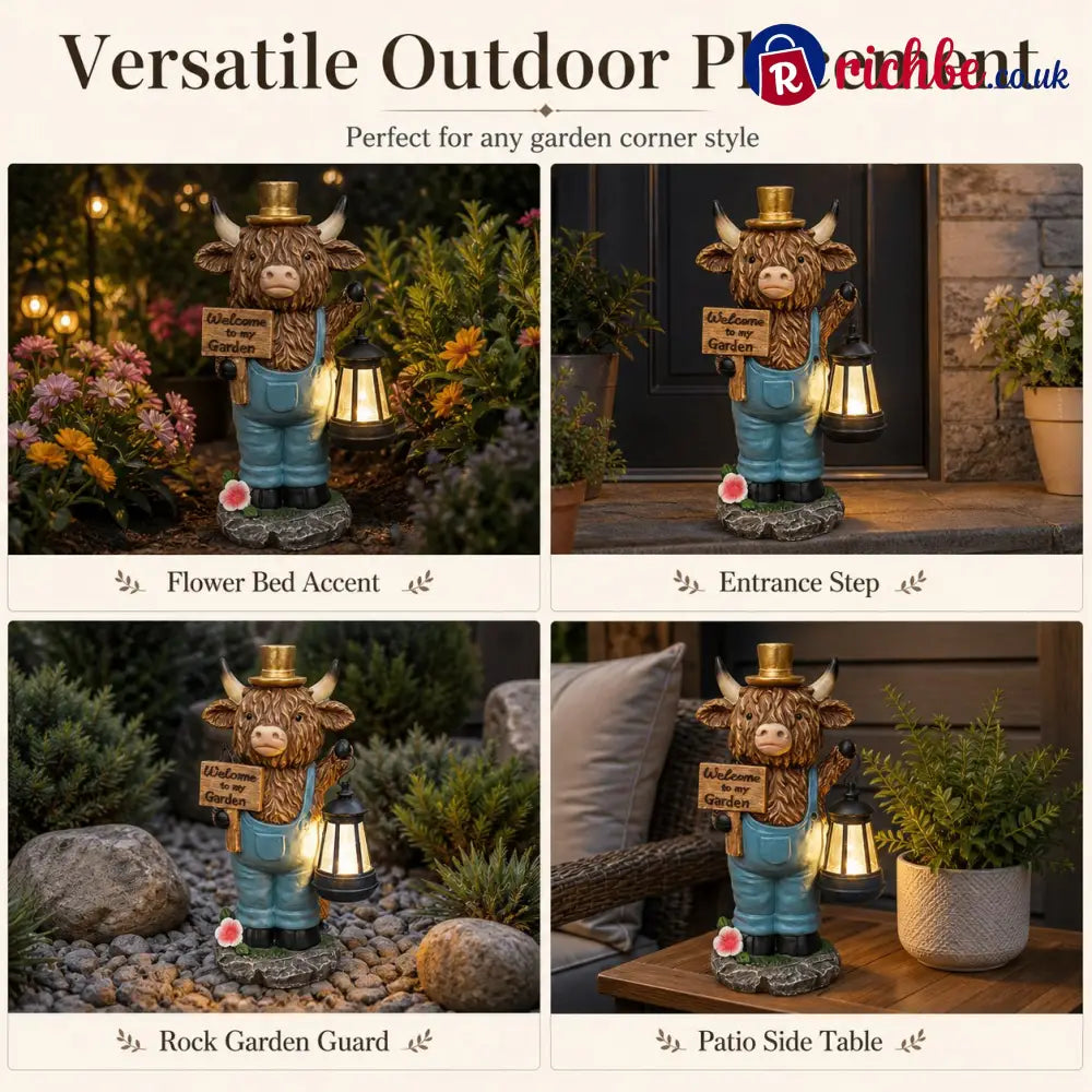 Highland Cow Garden Statue with Solar Lantern and Welcome Sign - Products