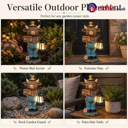 Highland Cow Garden Statue with Solar Lantern and Welcome Sign - Products