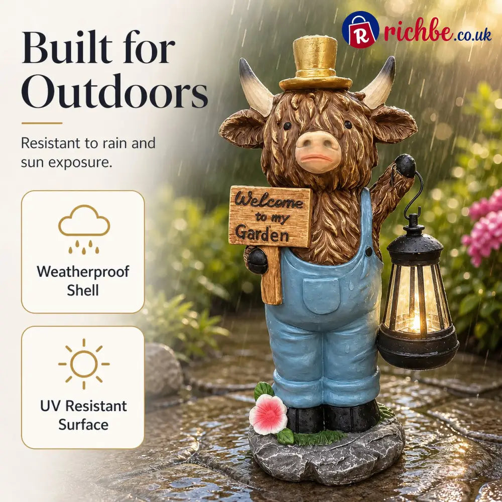 Highland Cow Garden Statue with Solar Lantern and Welcome Sign - Products