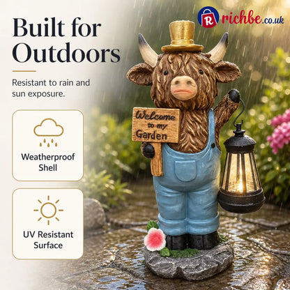 Highland Cow Garden Statue with Solar Lantern and Welcome Sign - Products
