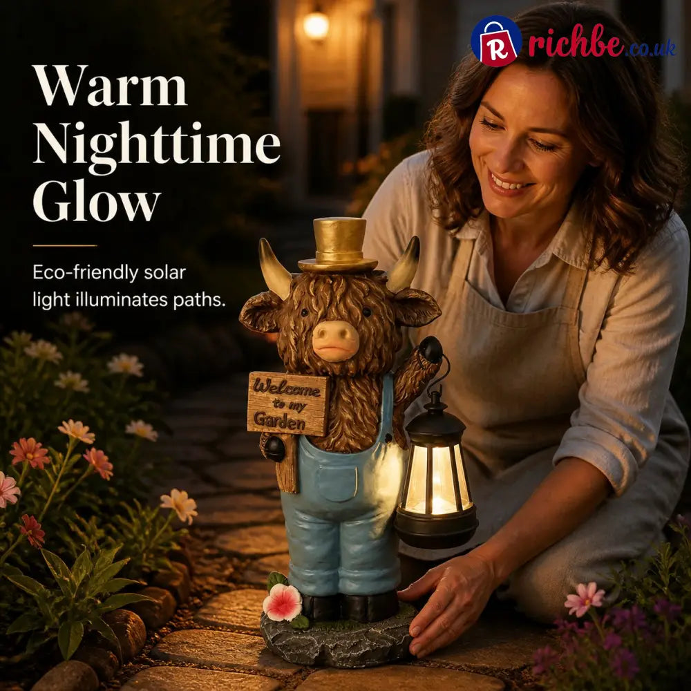 Highland Cow Garden Statue with Solar Lantern and Welcome Sign - Products