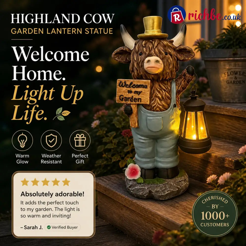 Highland Cow Garden Statue with Solar Lantern and Welcome Sign - Products
