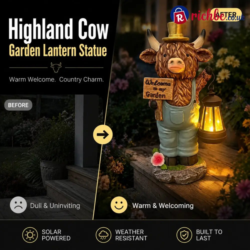Highland Cow Garden Statue with Solar Lantern and Welcome Sign - Products