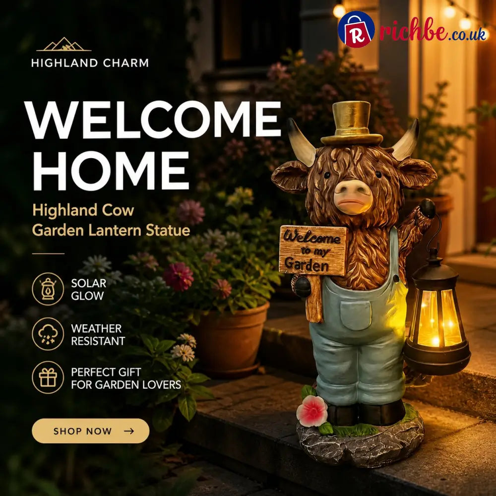 Highland Cow Garden Statue with Solar Lantern and Welcome Sign - Products