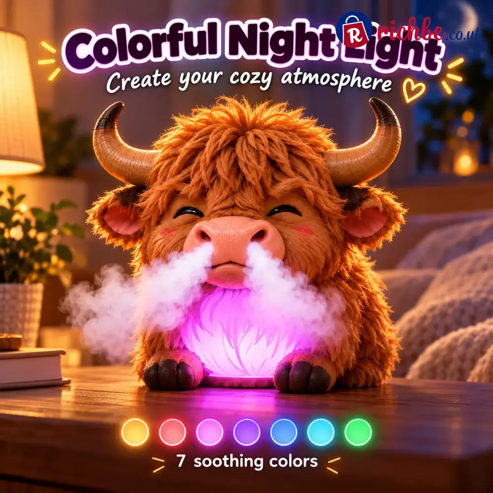 🐮 Highland Cow Huff – Tap-to-Puff Humidifier & Colorful Night Light ✨🎁