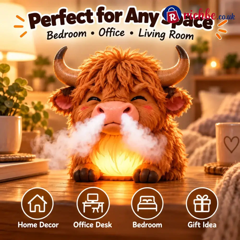 🐮 Highland Cow Huff – Tap-to-Puff Humidifier & Colorful Night Light ✨🎁