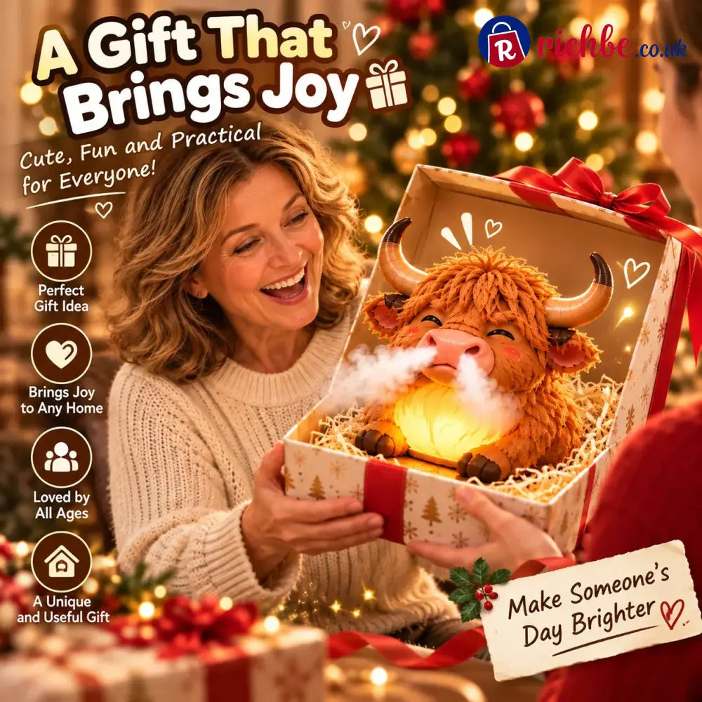 🐮 Highland Cow Huff – Tap-to-Puff Humidifier & Colorful Night Light ✨🎁