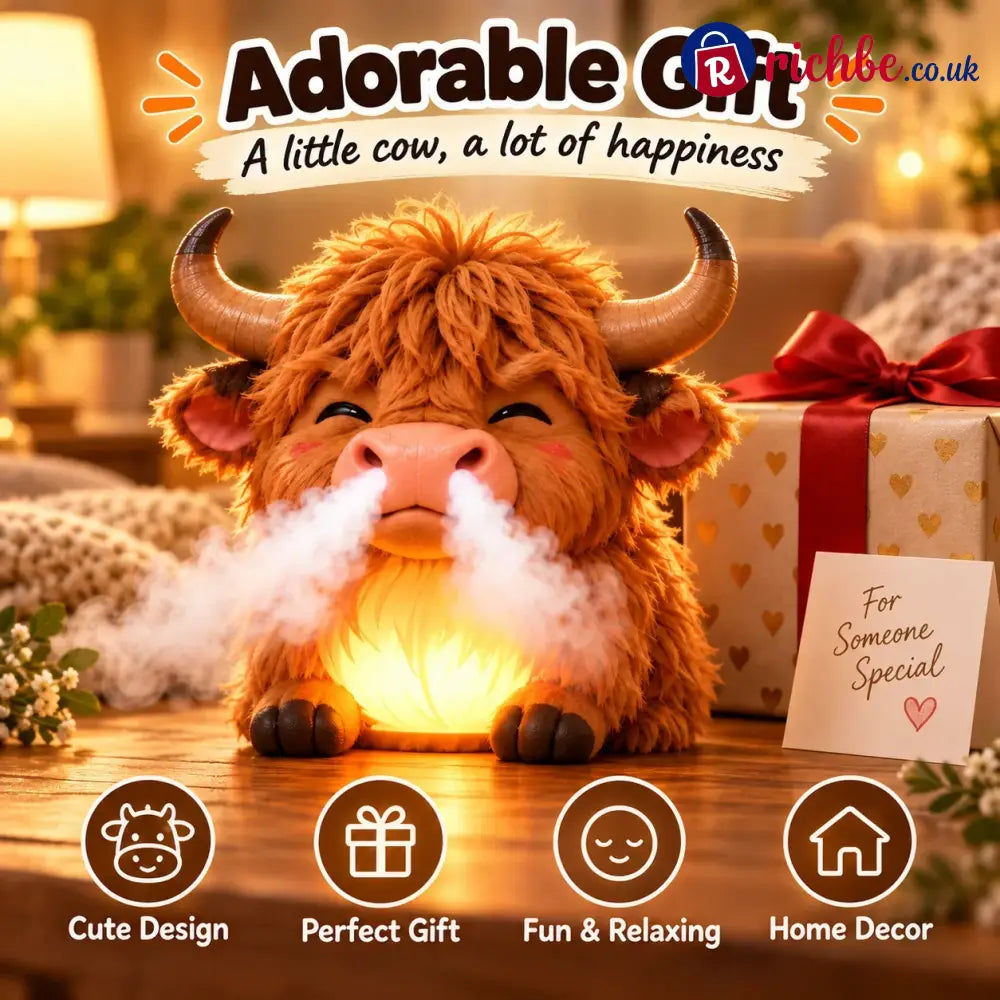 🐮 Highland Cow Huff – Tap-to-Puff Humidifier & Colorful Night Light ✨🎁