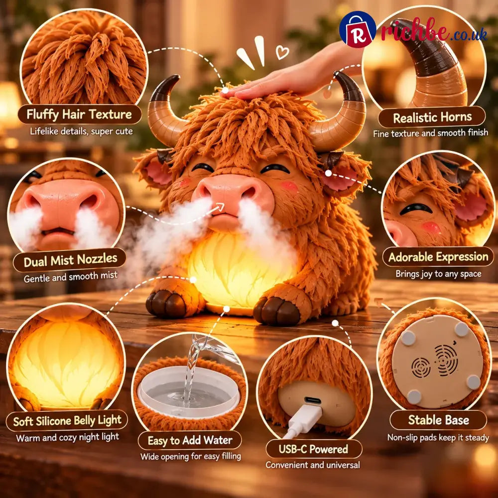 🐮 Highland Cow Huff – Tap-to-Puff Humidifier & Colorful Night Light ✨🎁