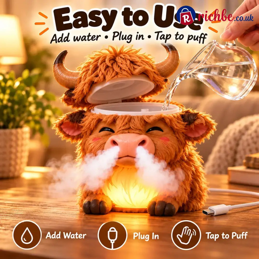 🐮 Highland Cow Huff – Tap-to-Puff Humidifier & Colorful Night Light ✨🎁