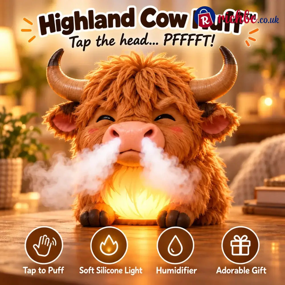 🐮 Highland Cow Huff – Tap-to-Puff Humidifier & Colorful Night Light ✨🎁