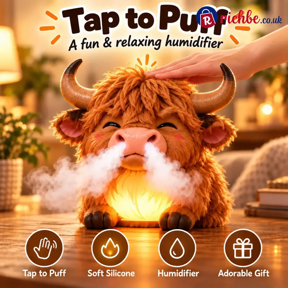 🐮 Highland Cow Huff – Tap-to-Puff Humidifier & Colorful Night Light ✨🎁