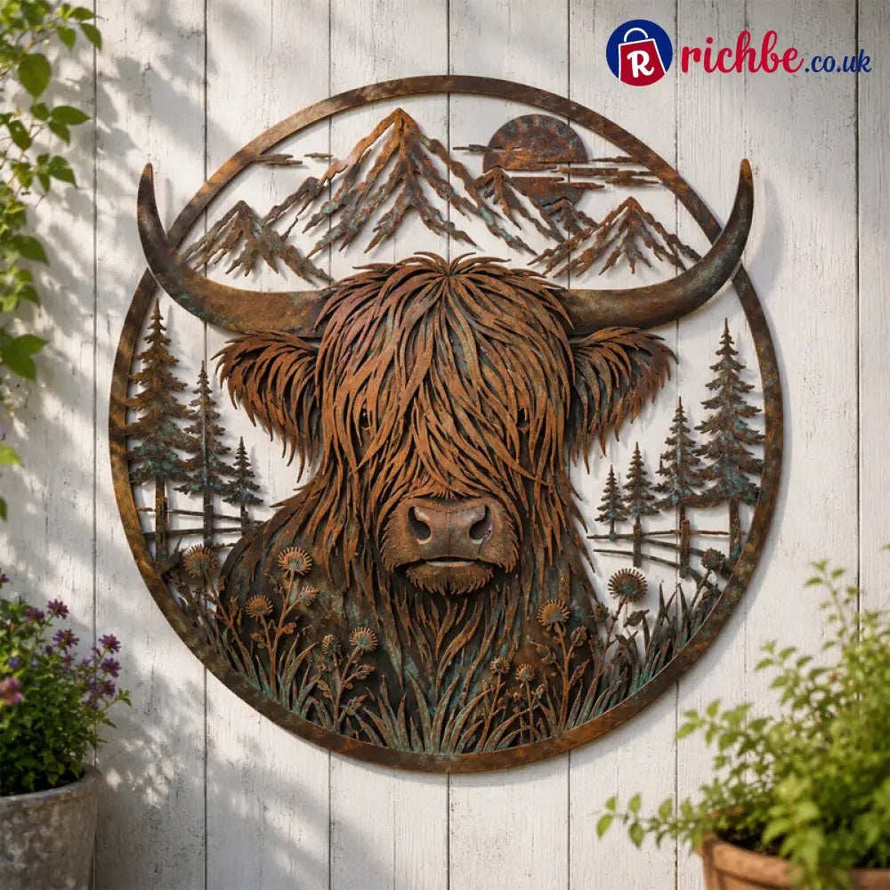 🐂🐂Highland Cow Mountain Scene Metal Wall🏔️ - 8 inches (20 cm) - Houseware & Kitchen