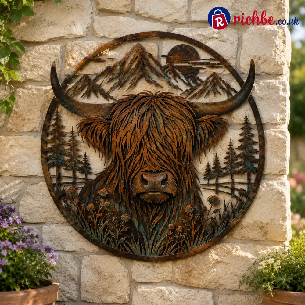 🐂Highland Cow Mountain Scene Metal Wall🏔️ - Houseware & Kitchen
